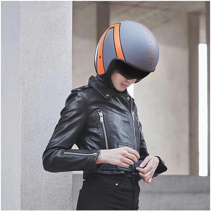 Moto Jet Helmet in Momo Fiber Design Raptor Gray Frost Red Outline
